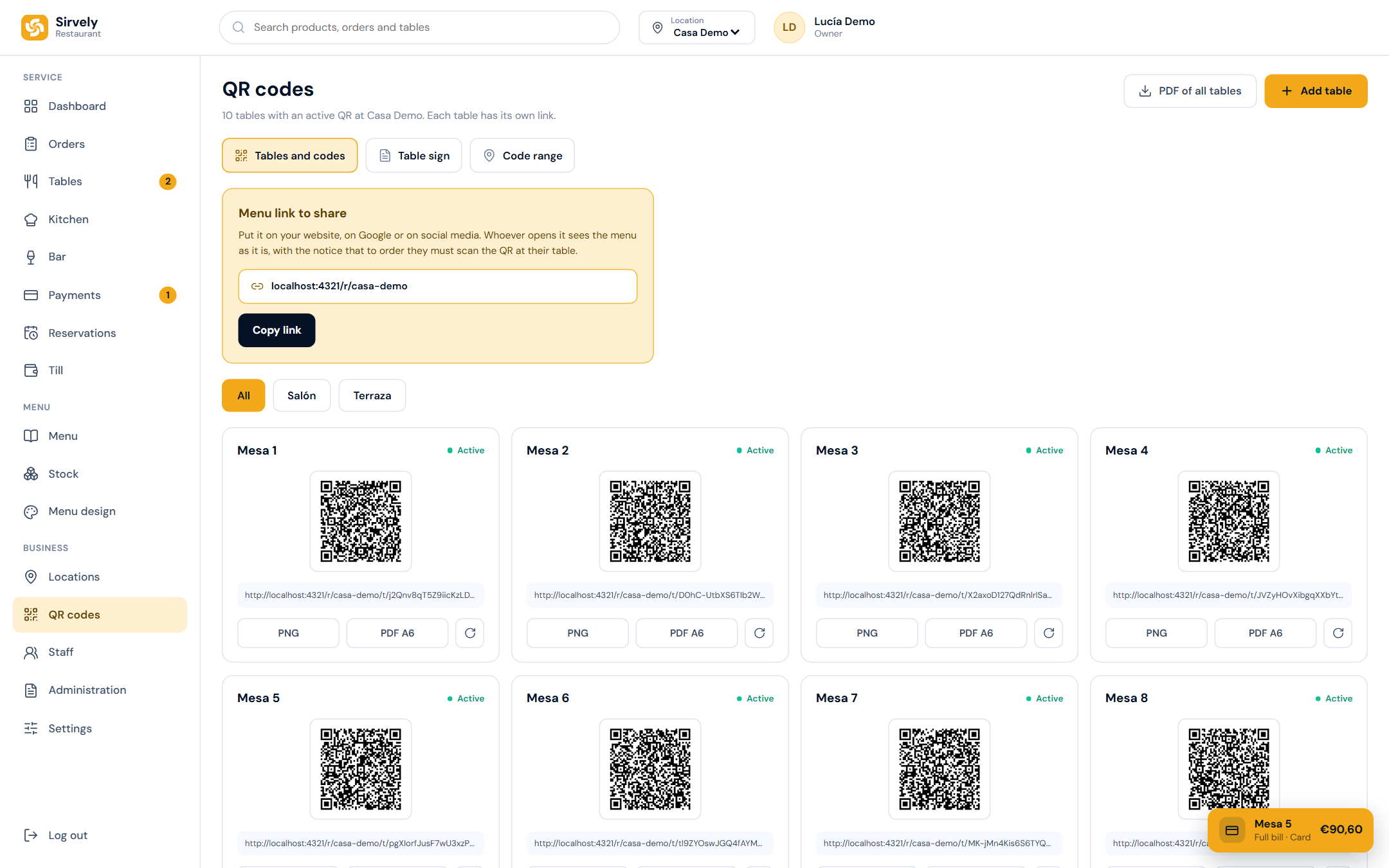 The QR codes of every table, in the panel.
