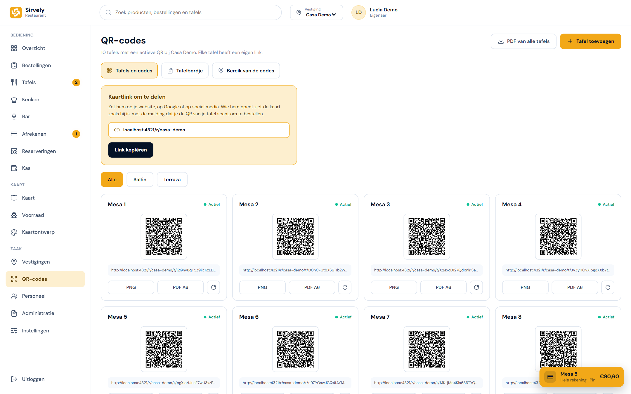 De QR-codes van elke tafel, in het dashboard.